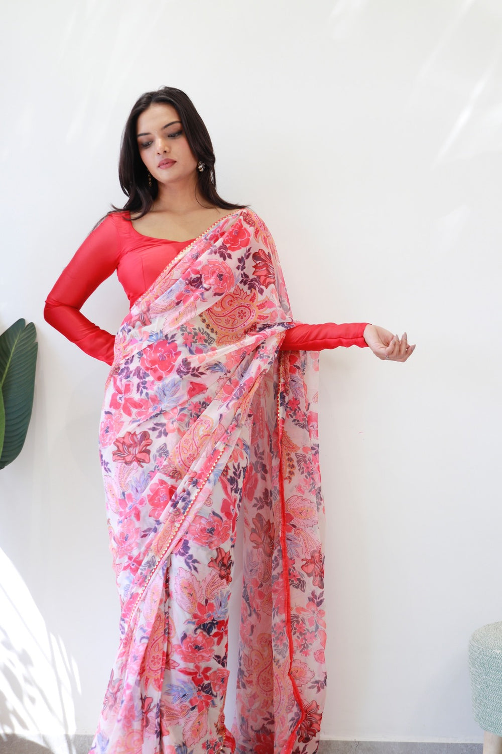 White and Red Floral Printed Ready-to-Wear Saree 285