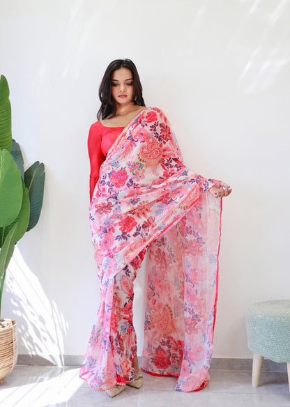 White and Red Floral Printed Ready-to-Wear Saree 285