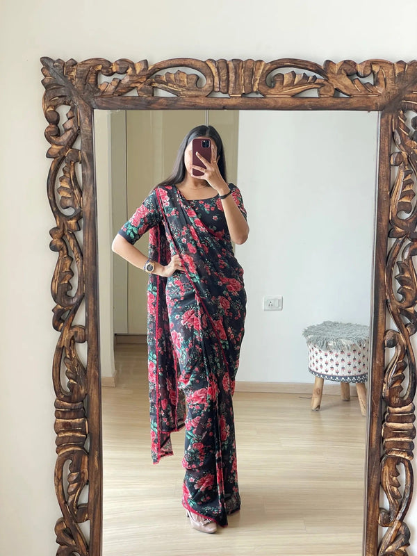 Black Floral Printed Ready-to-Wear Saree 354