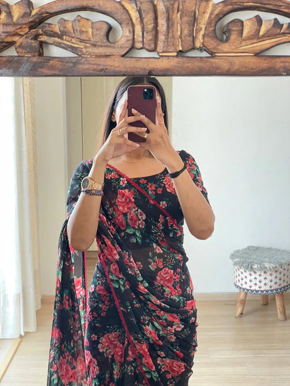 Black Floral Printed Ready-to-Wear Saree 354