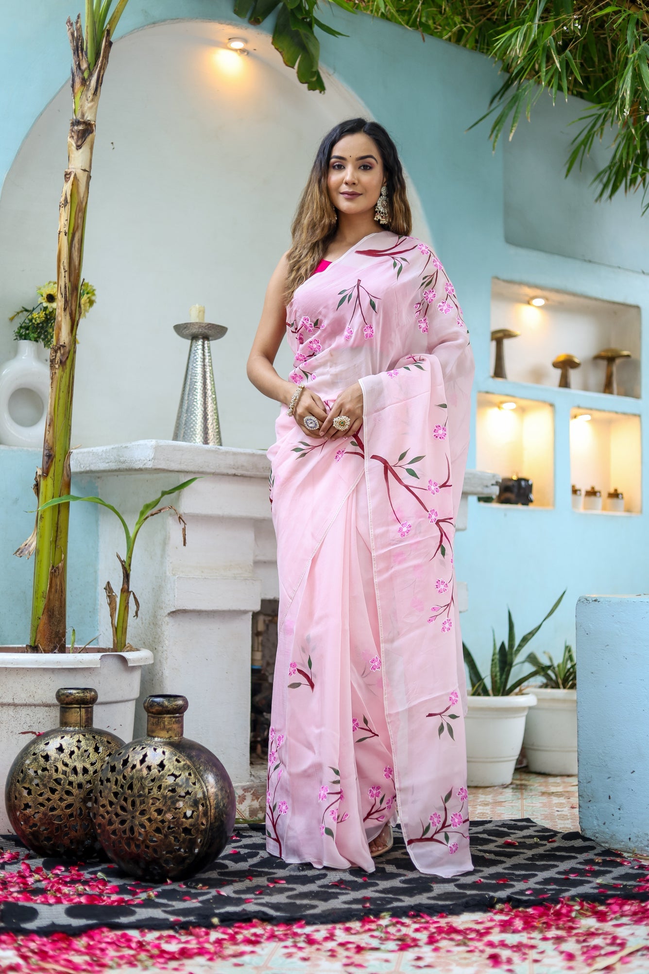Light Pink Floral Printed Ready-to-Wear Saree 389
