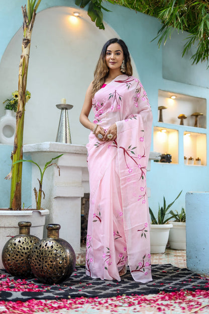 Light Pink Floral Printed Ready-to-Wear Saree 389