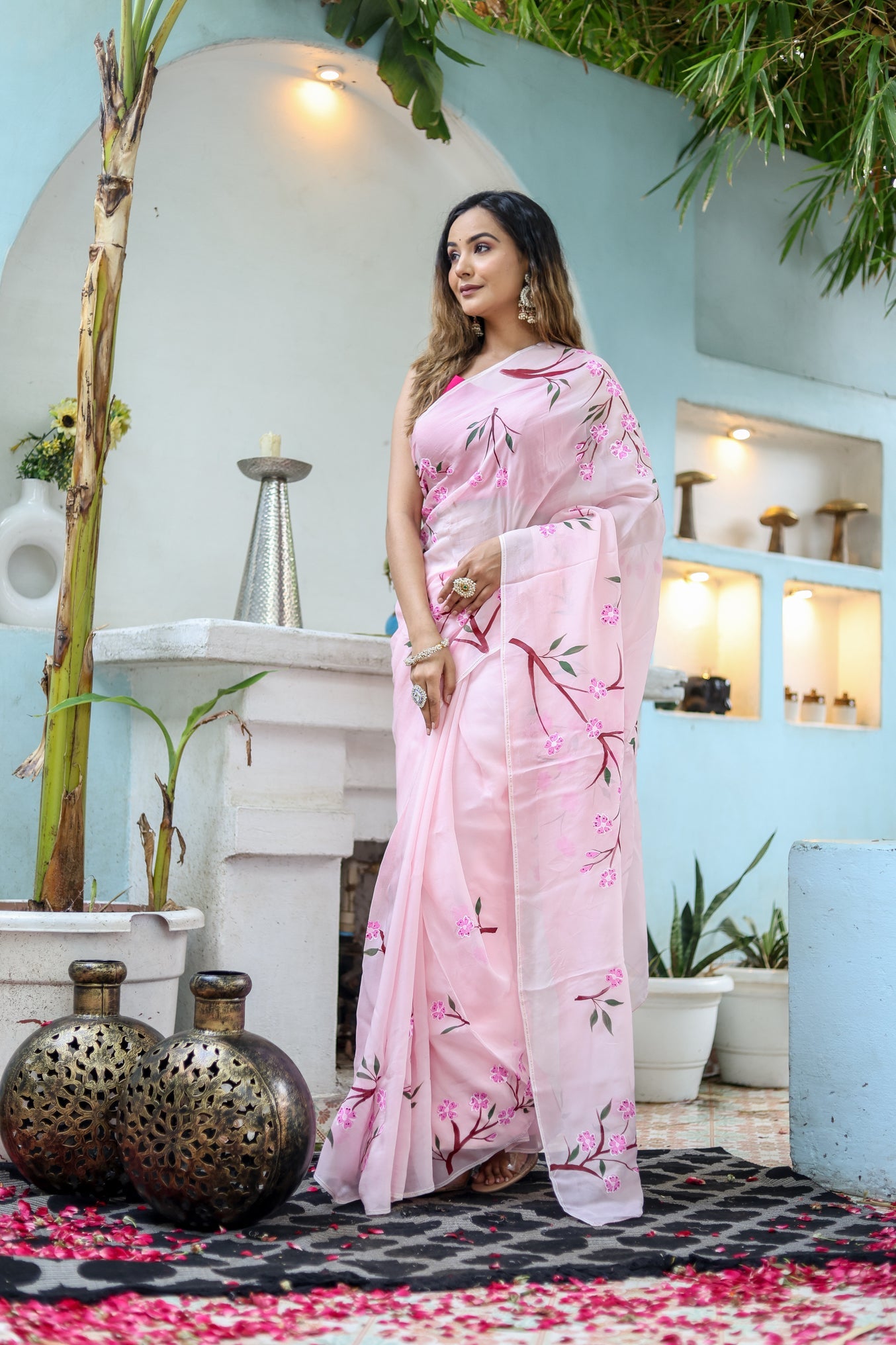 Light Pink Floral Printed Ready-to-Wear Saree 389