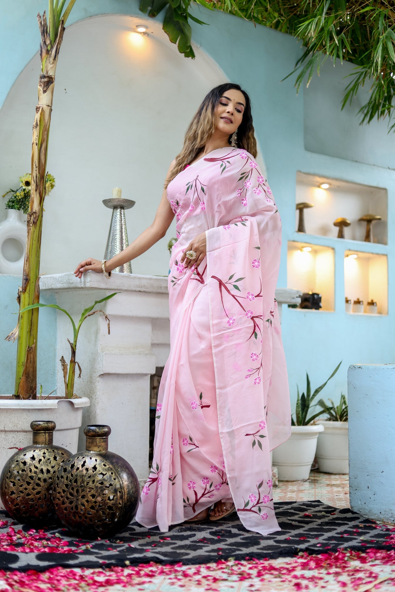 Light Pink Floral Printed Ready-to-Wear Saree 389