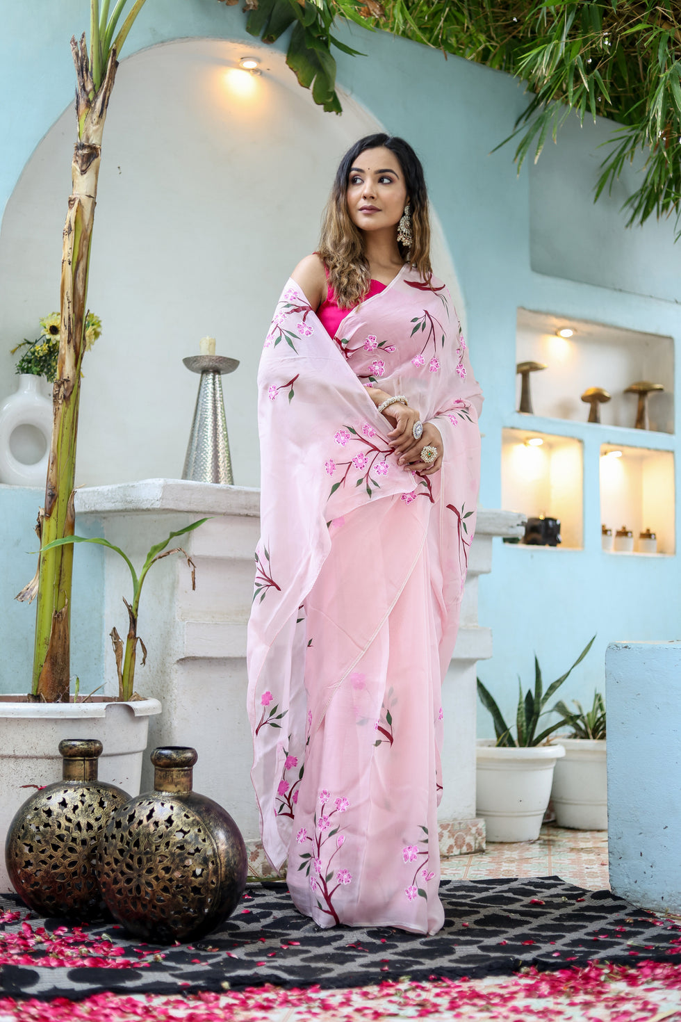 Light Pink Floral Printed Ready-to-Wear Saree 389