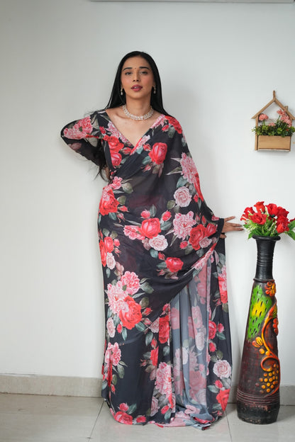 Black Floral Printed Ready-to-Wear Saree 263