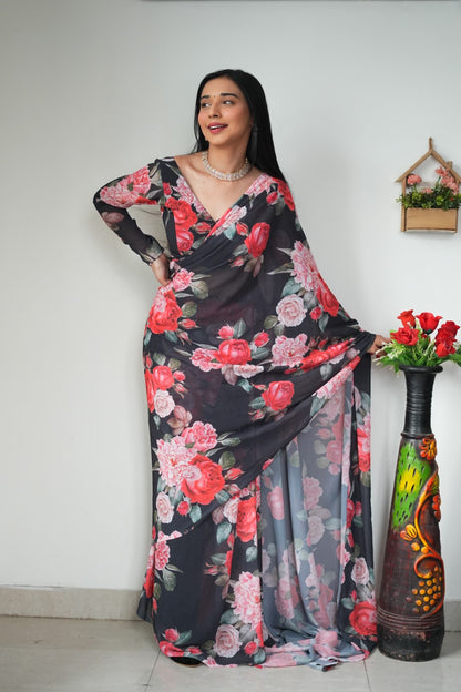 Black Floral Printed Ready-to-Wear Saree 263