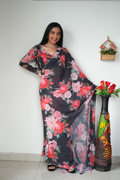 Black Floral Printed Ready-to-Wear Saree 263