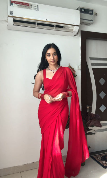 Red plain Ready-to-Wear Saree 248