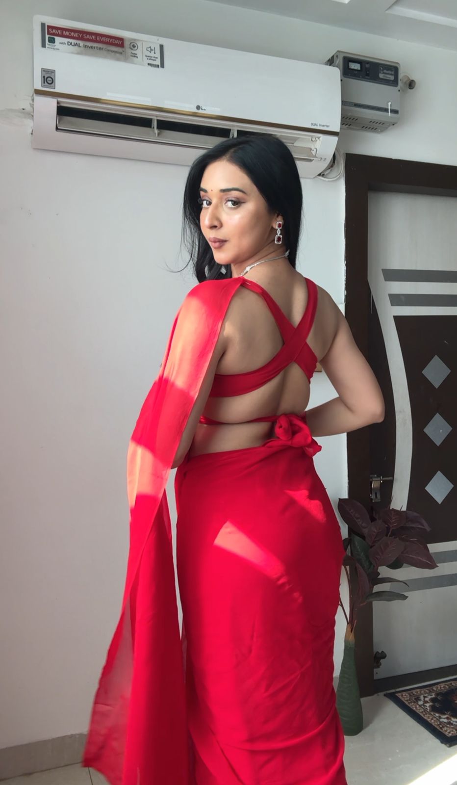 Red plain Ready-to-Wear Saree 248