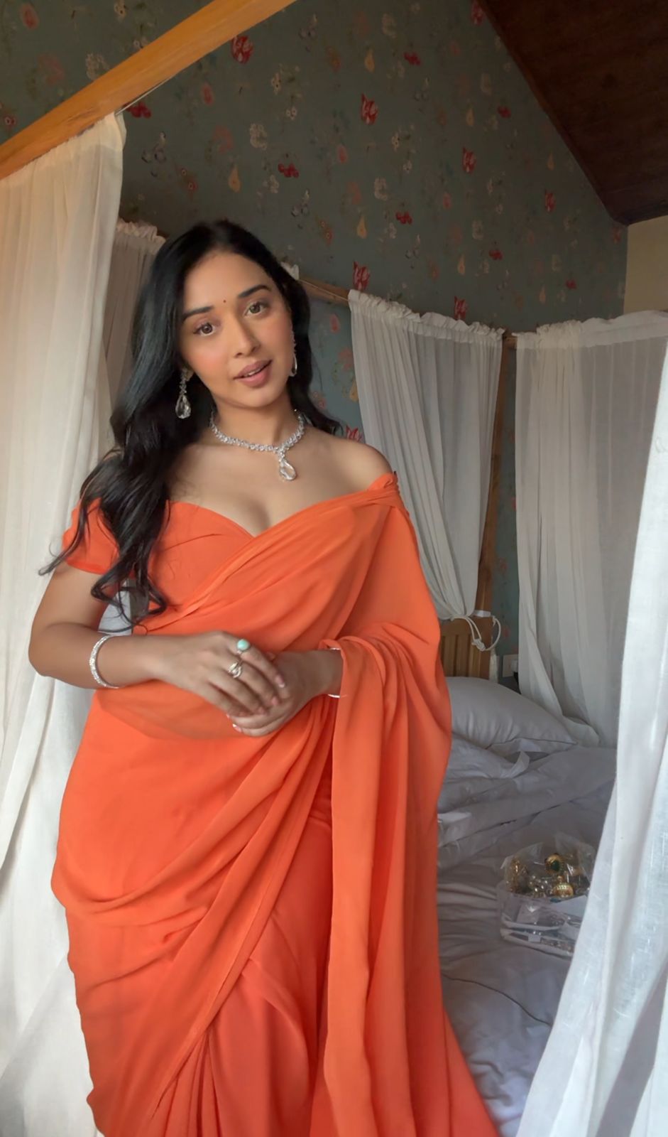 Orange plain Ready-to-Wear Saree 248