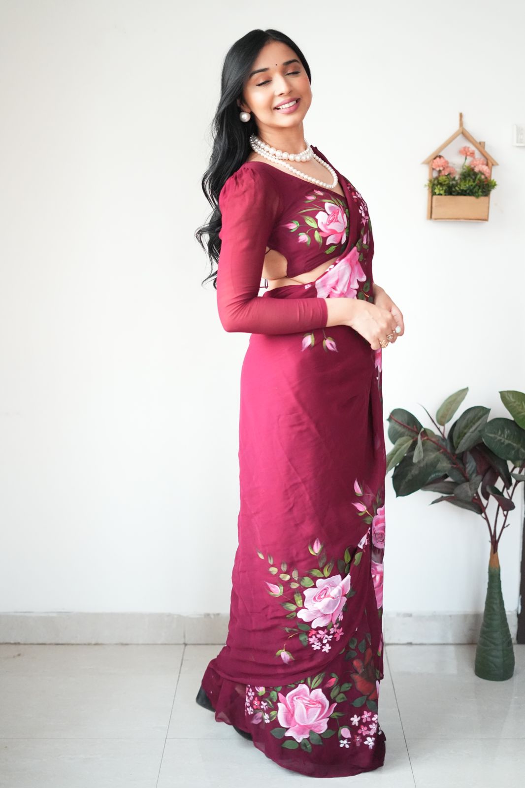 Maroon Floral Printed Ready-to-Wear Saree 283