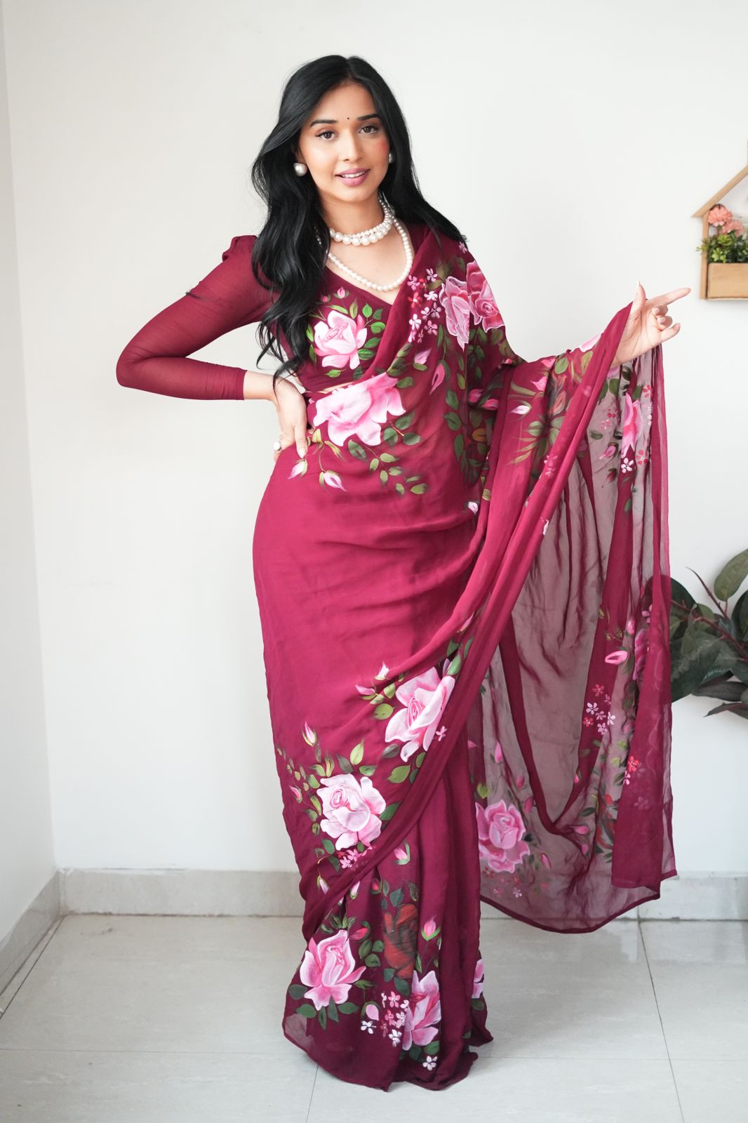 Maroon Floral Printed Ready-to-Wear Saree 283