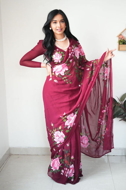Maroon Floral Printed Ready-to-Wear Saree 283