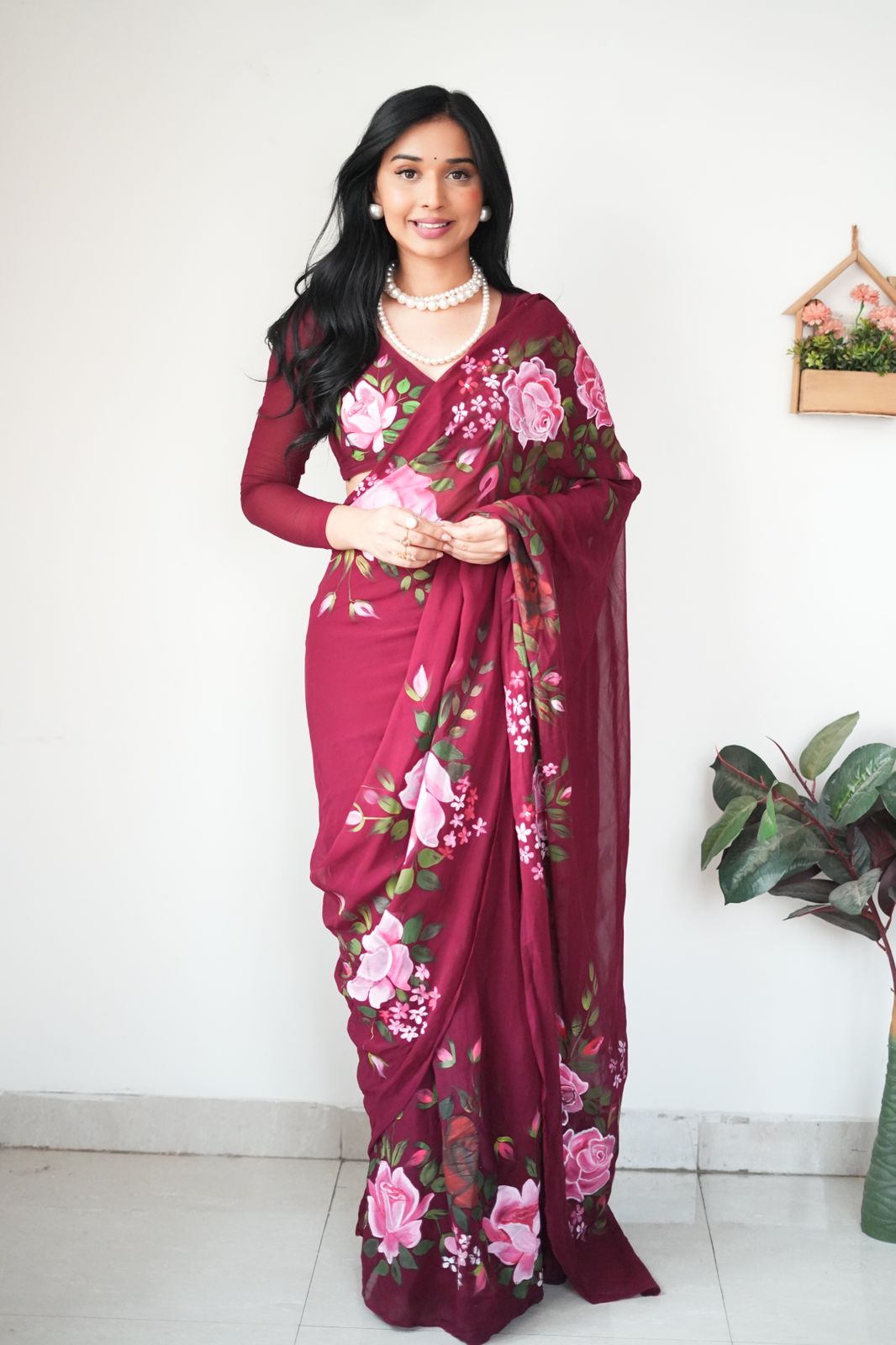 Maroon Floral Printed Ready-to-Wear Saree 283