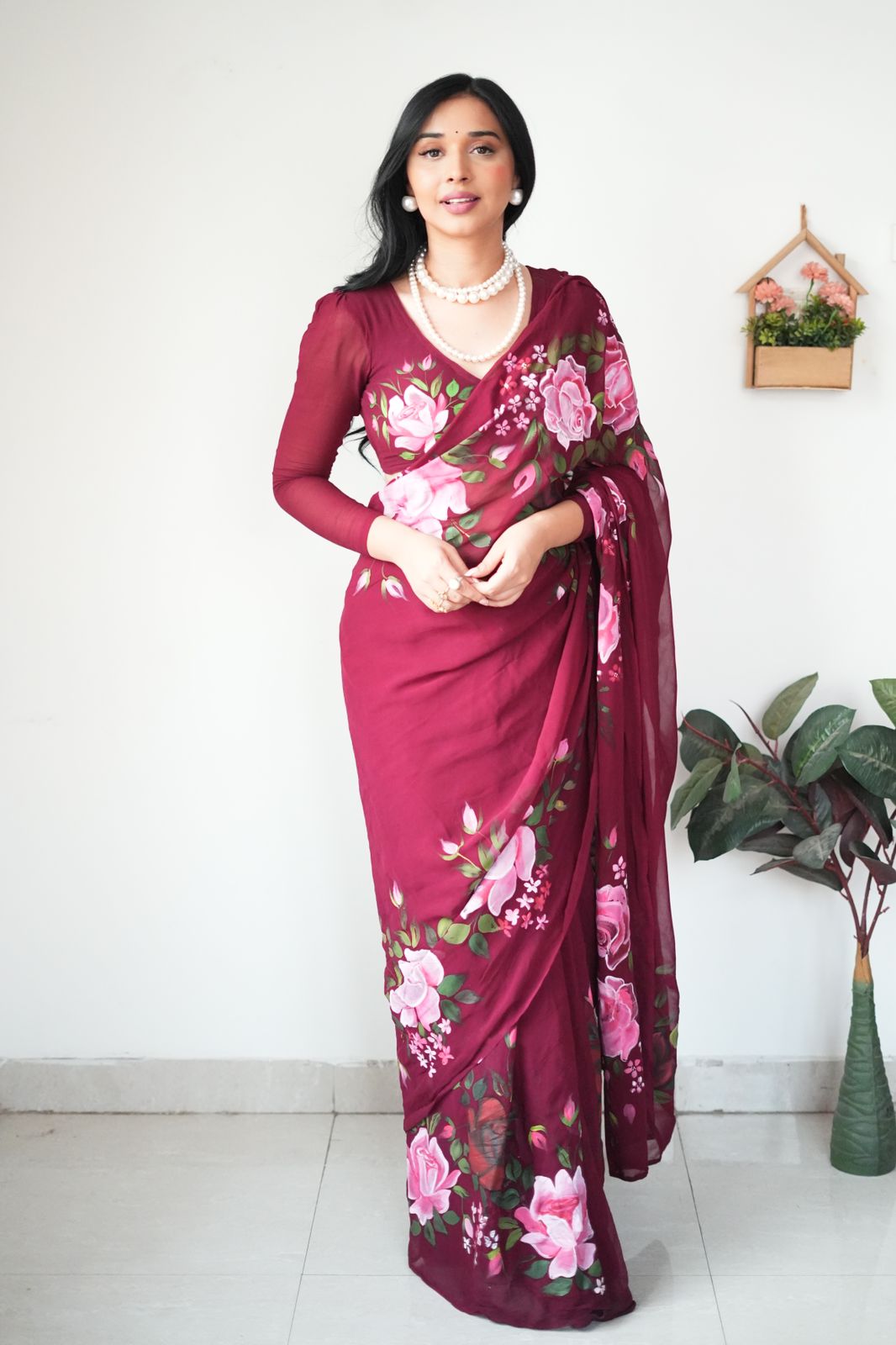 Maroon Floral Printed Ready-to-Wear Saree 283
