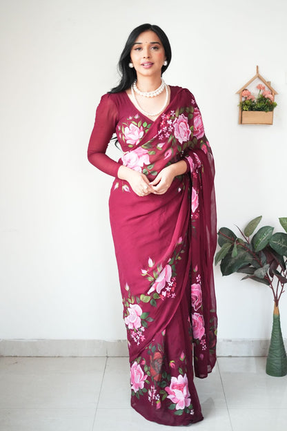 Maroon Floral Printed Ready-to-Wear Saree 283