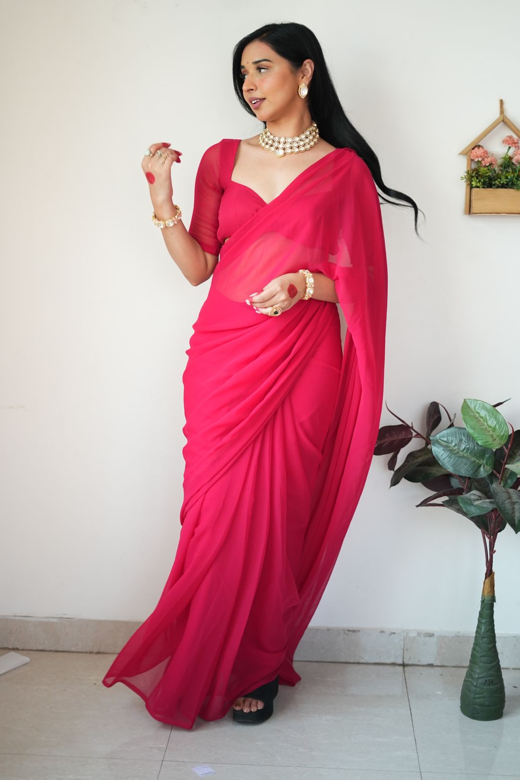 Red plain Ready-to-Wear Saree 248