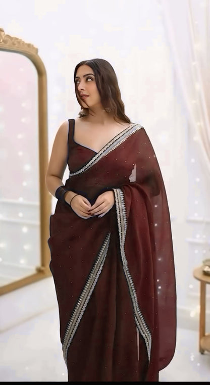Brown Net Ready-to-Wear Saree 385