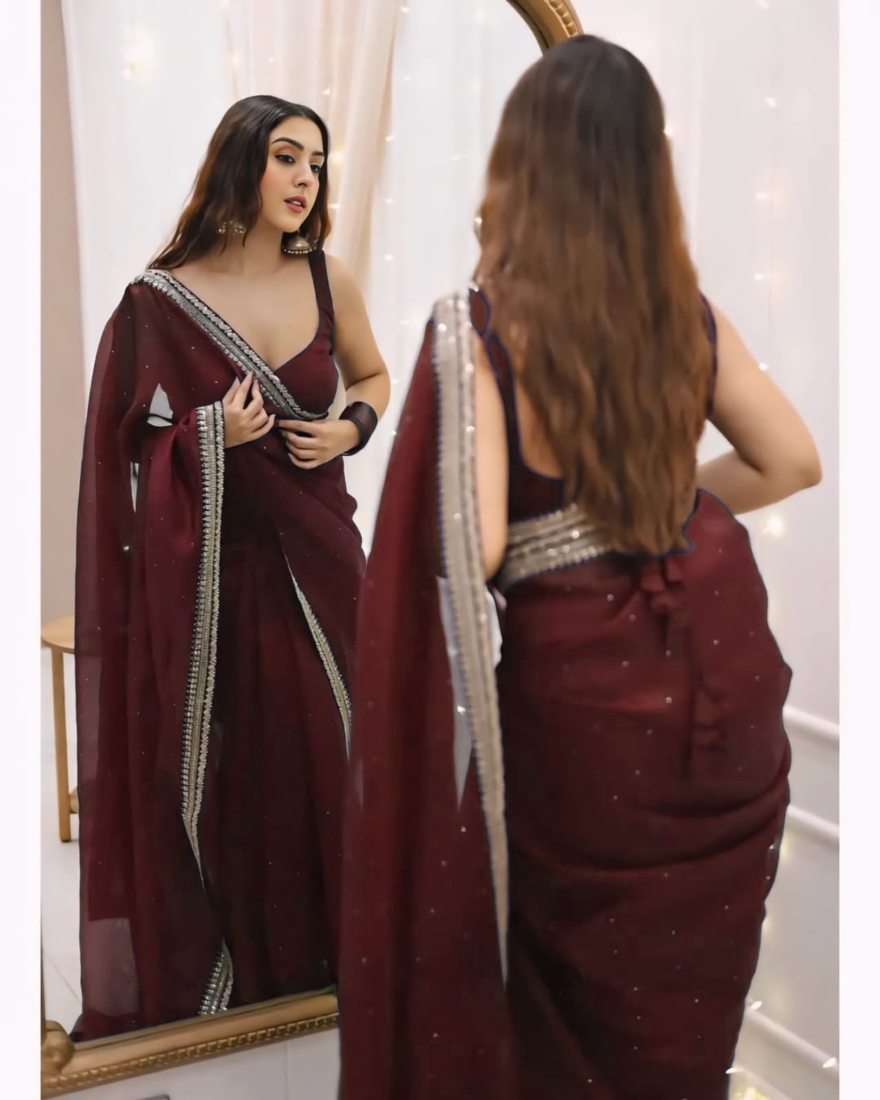 Brown Net Ready-to-Wear Saree 385