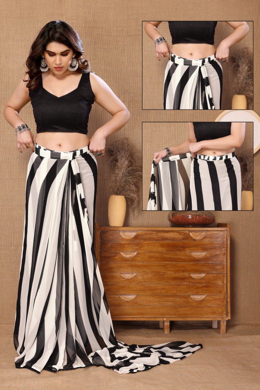 Black and White Stripes Printed Ready-to-Wear Saree 272
