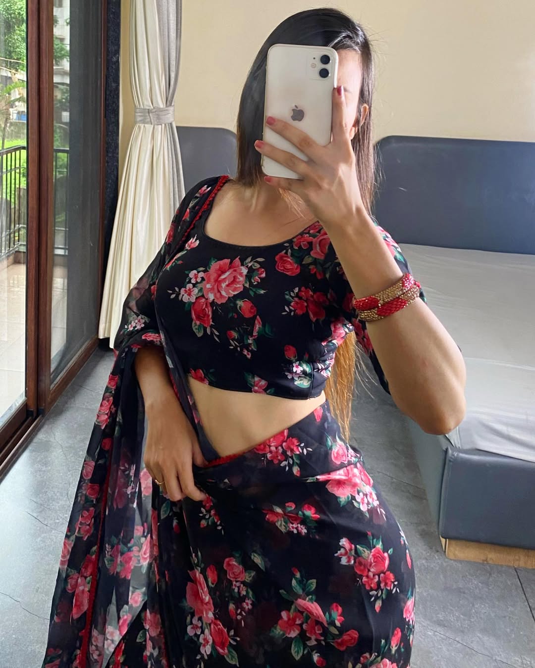 Black Floral Printed Ready-to-Wear Saree 354