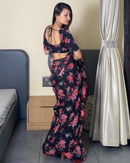 Black Floral Printed Ready-to-Wear Saree 354