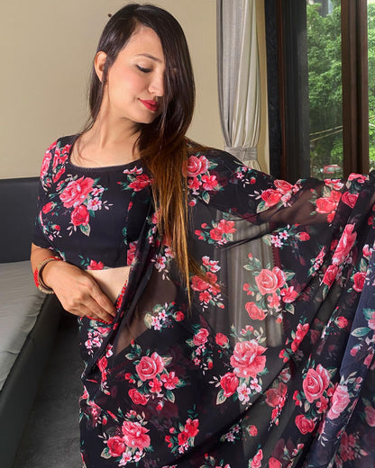 Black Floral Printed Ready-to-Wear Saree 354