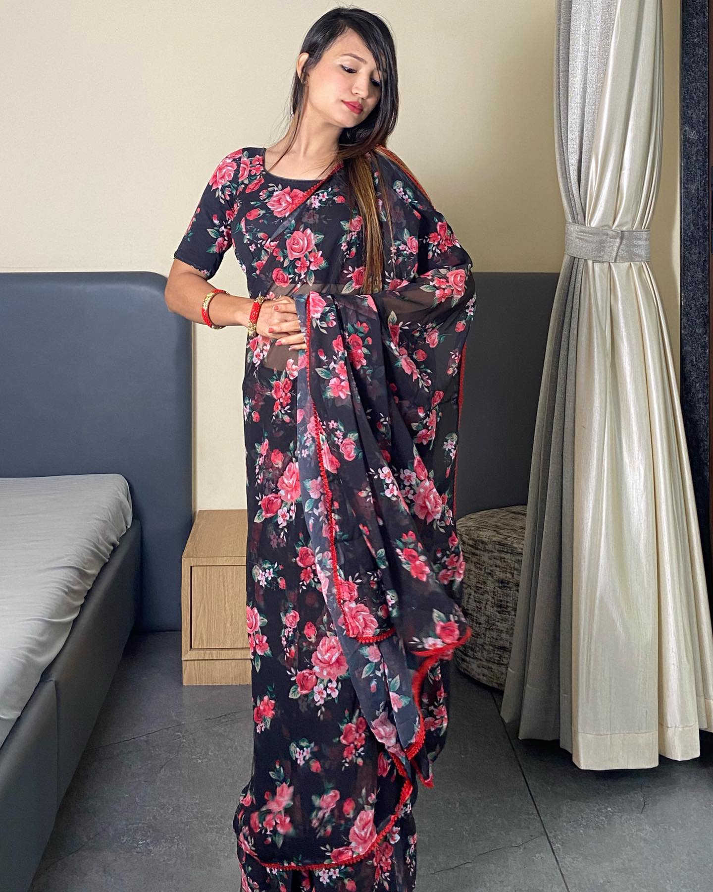 Black Floral Printed Ready-to-Wear Saree 354