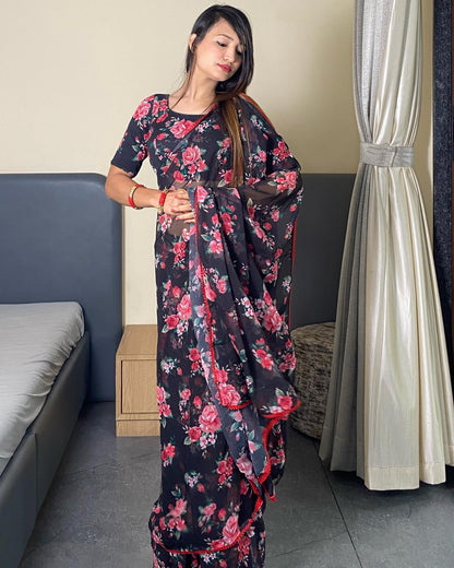 Black Floral Printed Ready-to-Wear Saree 354