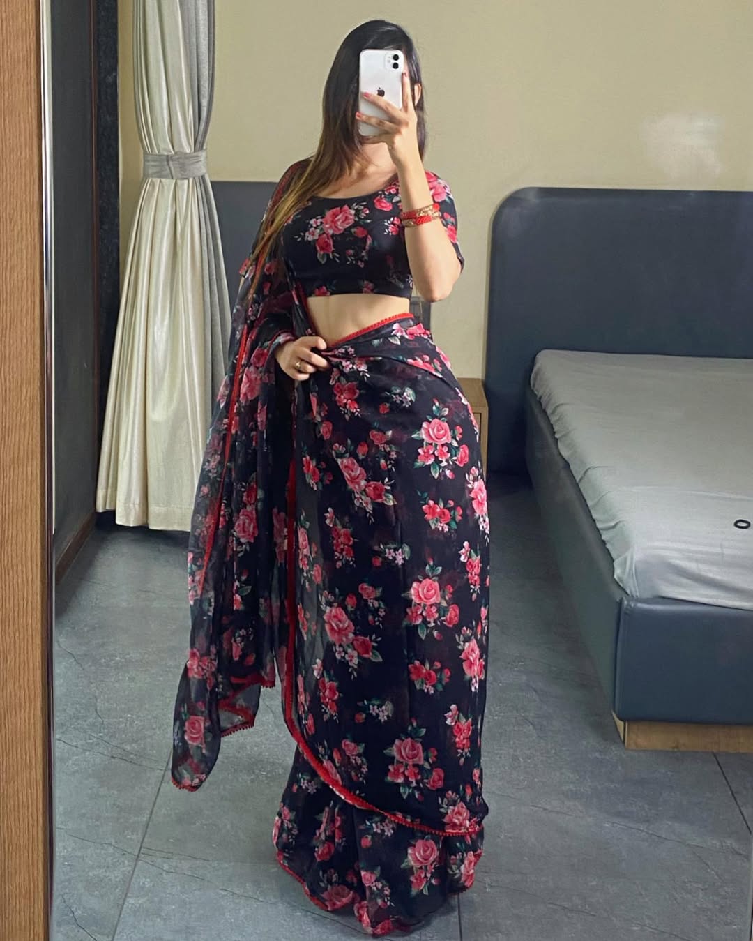 Black Floral Printed Ready-to-Wear Saree 354