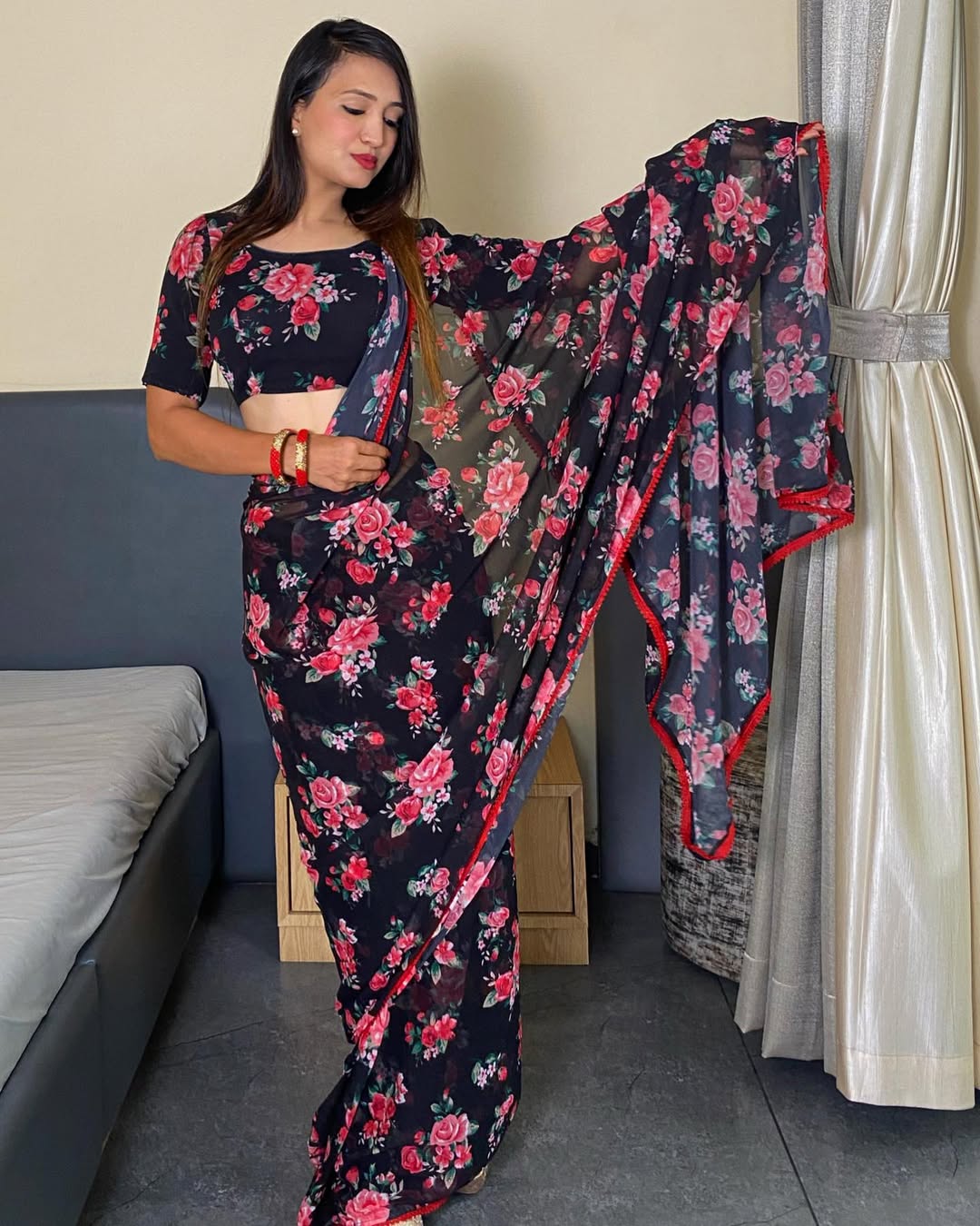 Black Floral Printed Ready-to-Wear Saree 354