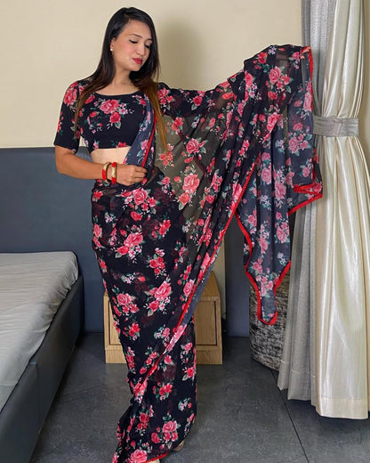 Black Floral Printed Ready-to-Wear Saree 354