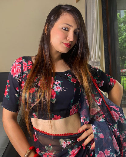 Black Floral Printed Ready-to-Wear Saree 354