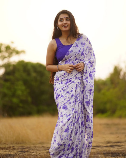 White and blue Floral Printed Ready-to-Wear Saree 388