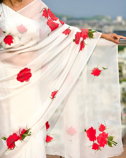 White Floral Printed Ready-to-Wear Saree 390