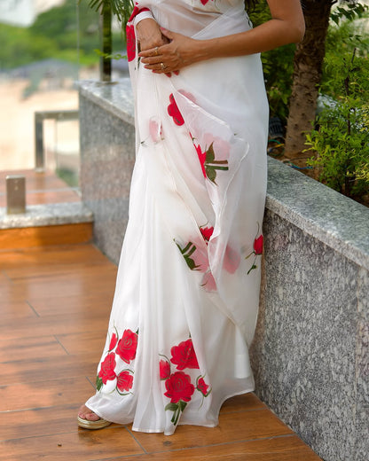 White Floral Printed Ready-to-Wear Saree 390