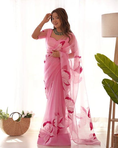Baby Pink Floral Printed Ready-to-Wear Saree 375