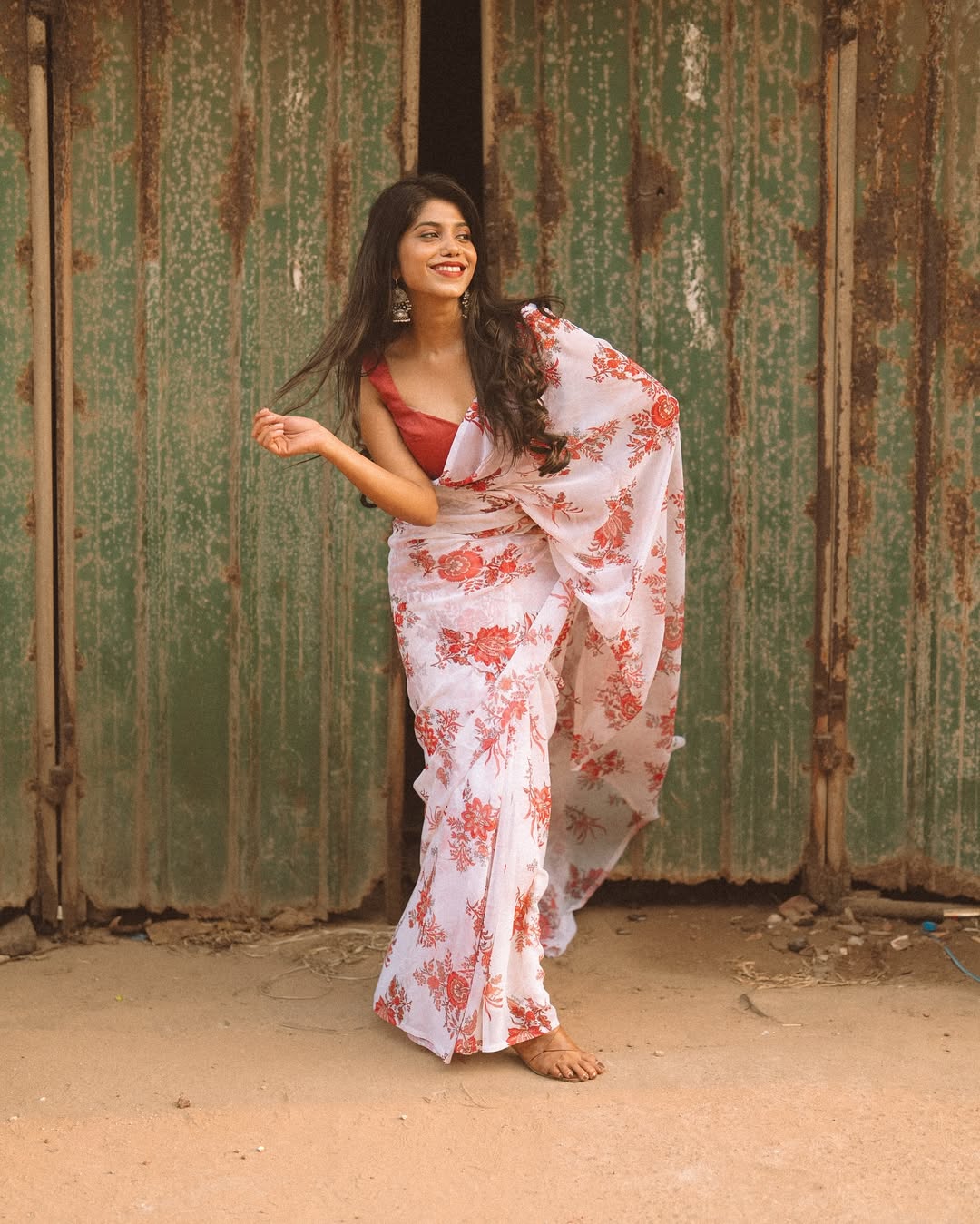 White floral Printed Ready-to-Wear Saree 416