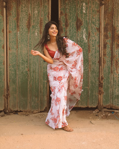 White floral Printed Ready-to-Wear Saree 416