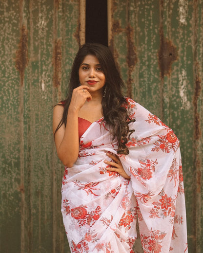 White floral Printed Ready-to-Wear Saree 416