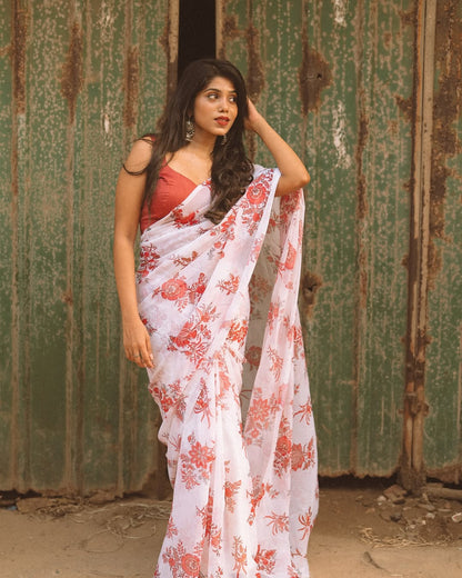 White floral Printed Ready-to-Wear Saree 416