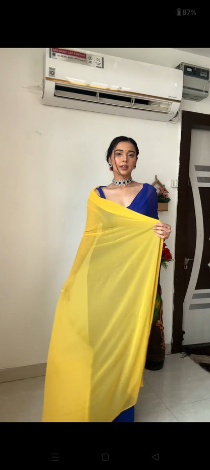 Blue and Yellow ombre georgette Ready-to-Wear Saree 160
