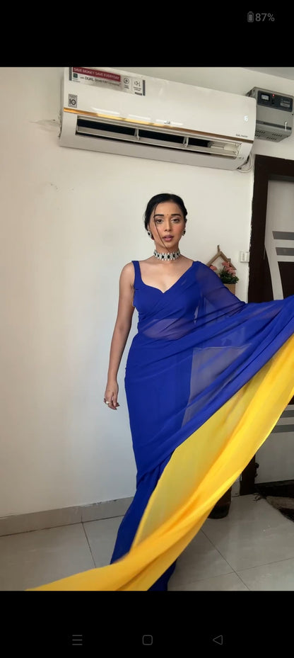 Blue and Yellow ombre georgette Ready-to-Wear Saree 160