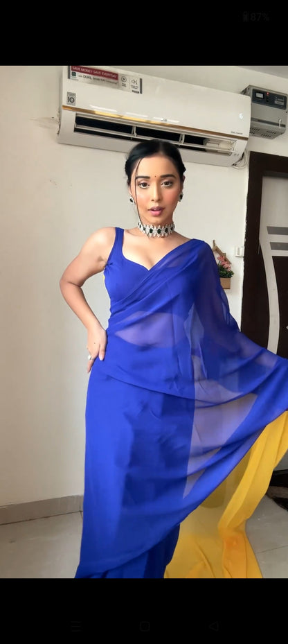 Blue and Yellow ombre georgette Ready-to-Wear Saree 160
