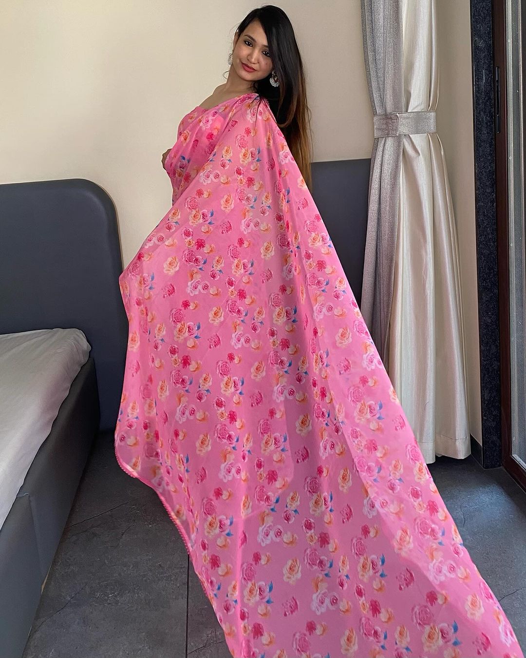 Pink Floral Printed Ready-to-Wear Saree  330