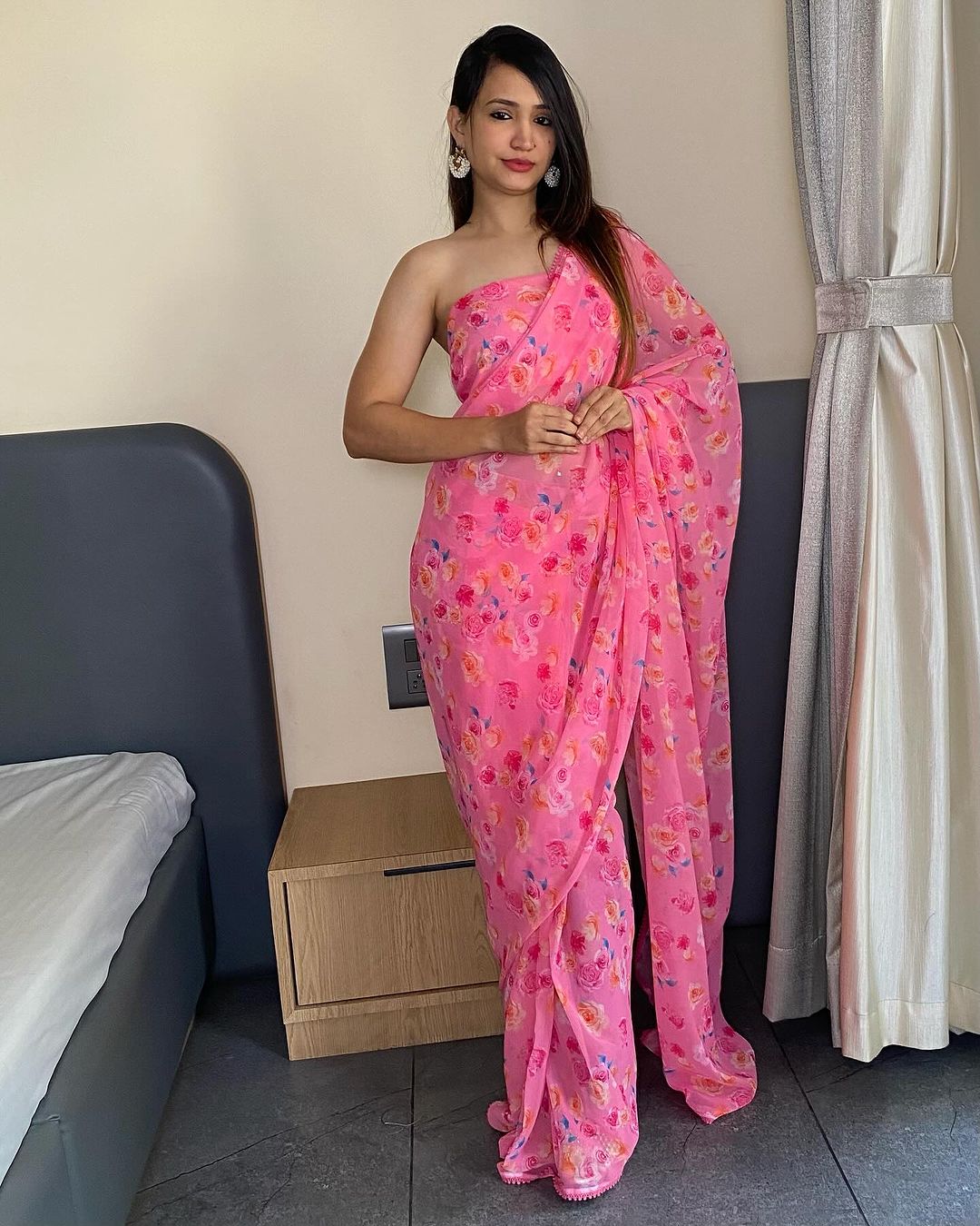 Pink Floral Printed Ready-to-Wear Saree  330