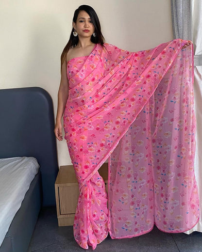 Pink Floral Printed Ready-to-Wear Saree  330