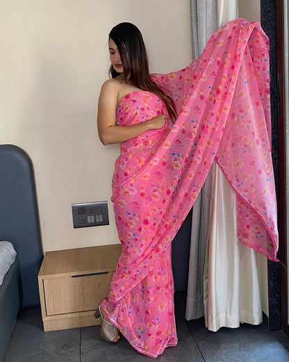 Pink Floral Printed Ready-to-Wear Saree  330