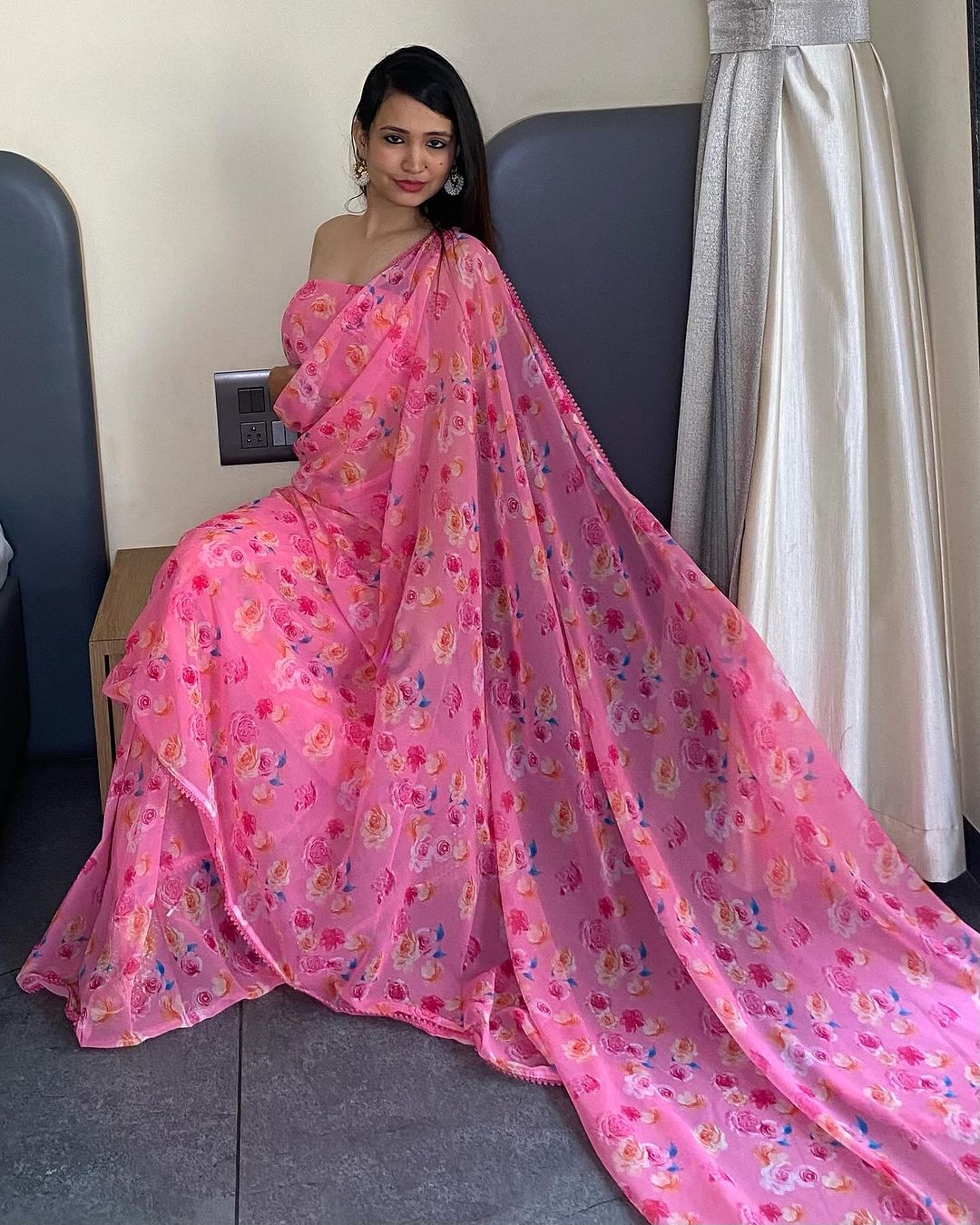 Pink Floral Printed Ready-to-Wear Saree  330